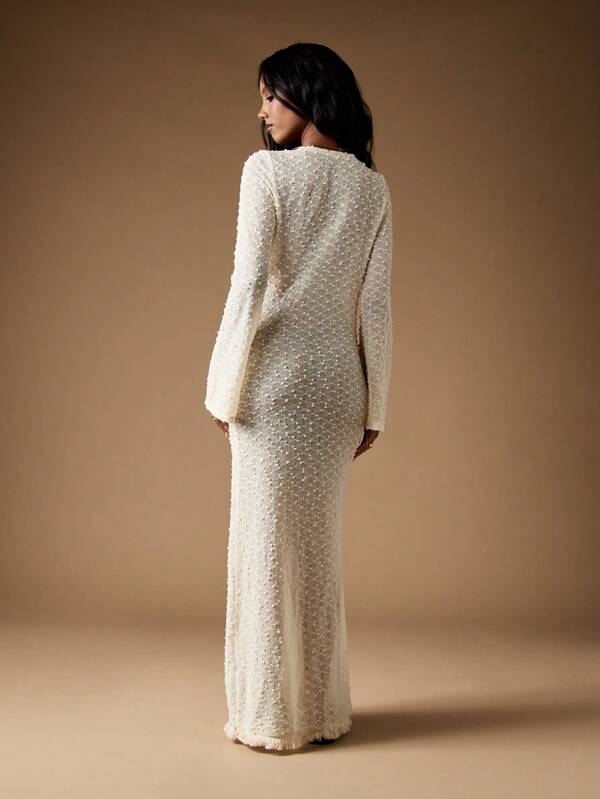 MISSGUIDED Pearl Beaded Wrap Maxi Dress With Long Sleeves