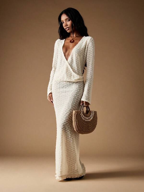 MISSGUIDED Pearl Beaded Wrap Maxi Dress With Long Sleeves
