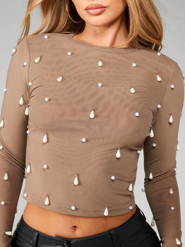 MISSGUIDED Pearl Embellished Long Sleeve Mesh Crop Top