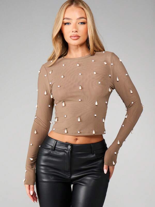 MISSGUIDED Pearl Embellished Long Sleeve Mesh Crop Top