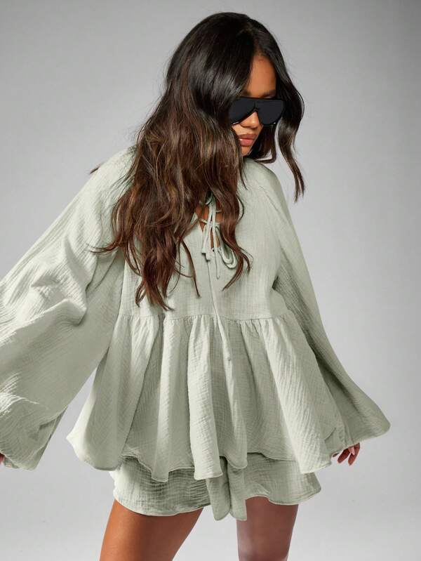 MISSGUIDED Peasant Blouse And Floaty Shorts Two Piece Outfit