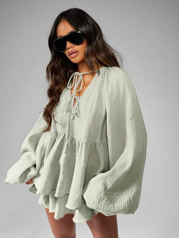 MISSGUIDED Peasant Blouse And Floaty Shorts Two Piece Outfit