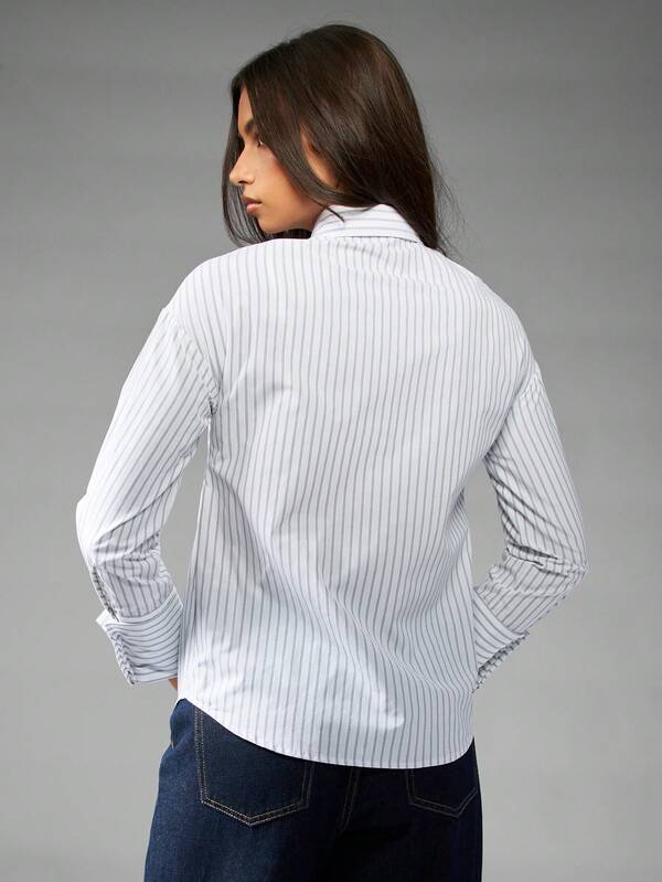 MISSGUIDED Pinstripe Button Down Blouse With Diagonal Tie