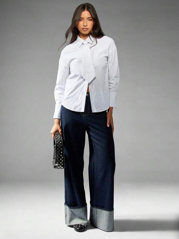 MISSGUIDED Pinstripe Button Down Blouse With Diagonal Tie