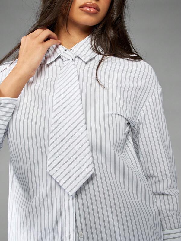 MISSGUIDED Pinstripe Button Down Blouse With Diagonal Tie