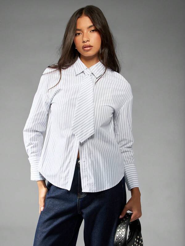 MISSGUIDED Pinstripe Button Down Blouse With Diagonal Tie