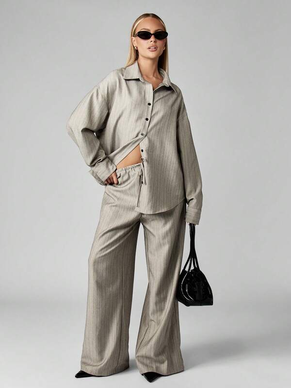 MISSGUIDED Pinstripe Button Down Shirt With Wide Leg Palazzo Pants