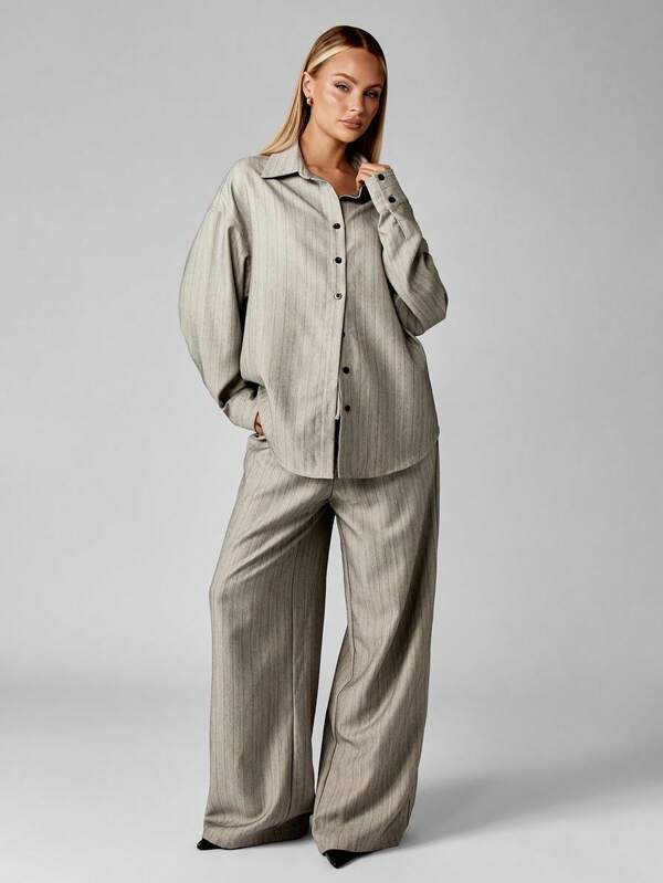 MISSGUIDED Pinstripe Button Down Shirt With Wide Leg Palazzo Pants