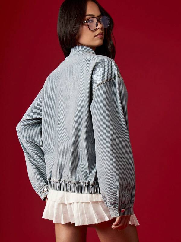 MISSGUIDED Pinstripe Denim Bomber Jacket With Elastic Waistband