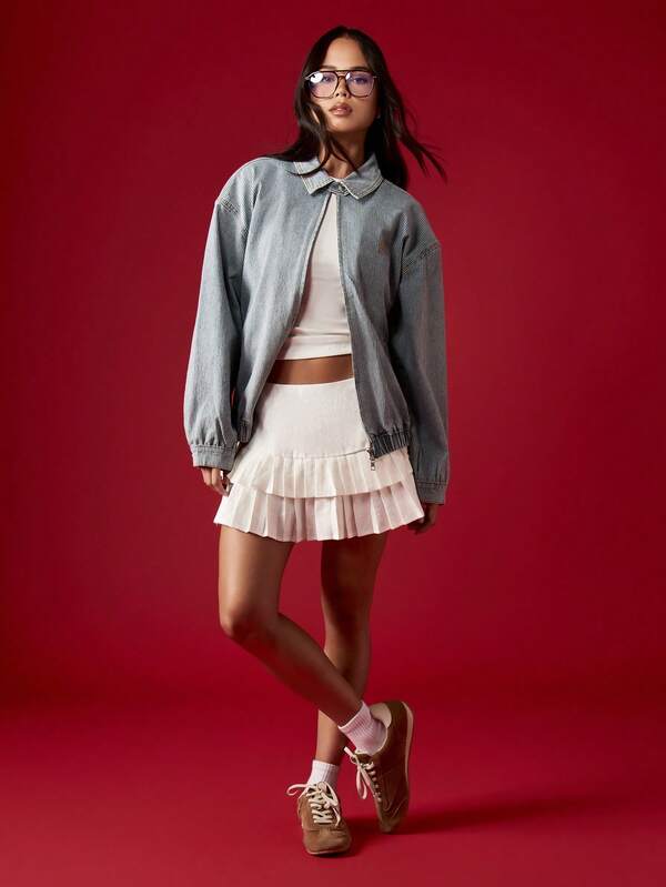 MISSGUIDED Pinstripe Denim Bomber Jacket With Elastic Waistband