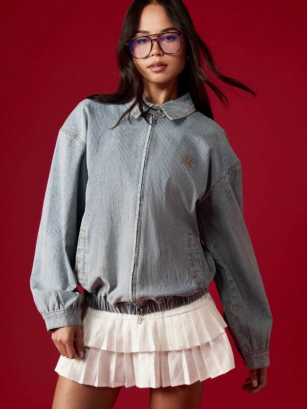 MISSGUIDED Pinstripe Denim Bomber Jacket With Elastic Waistband