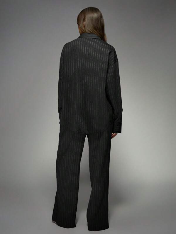 MISSGUIDED Pinstripe Linen Wide Leg Trouser Shirt Co Ord Two Piece Outfit