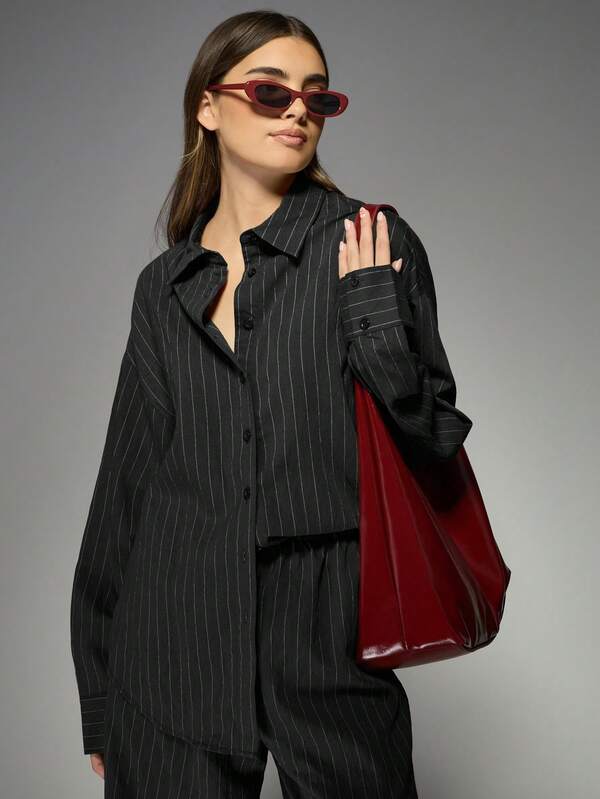 MISSGUIDED Pinstripe Linen Wide Leg Trouser Shirt Co Ord Two Piece Outfit
