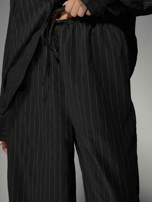 MISSGUIDED Pinstripe Linen Wide Leg Trouser Shirt Co Ord Two Piece Outfit