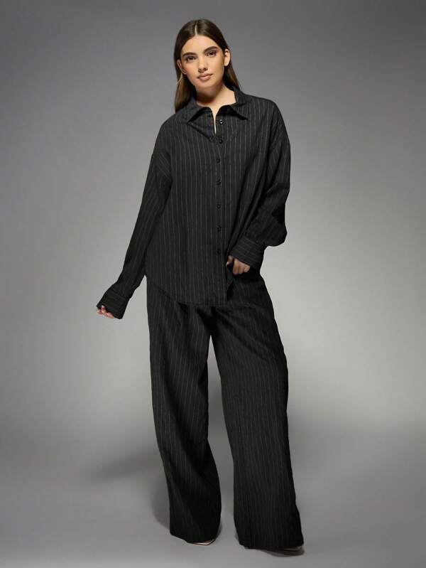 MISSGUIDED Pinstripe Linen Wide Leg Trouser Shirt Co Ord Two Piece Outfit