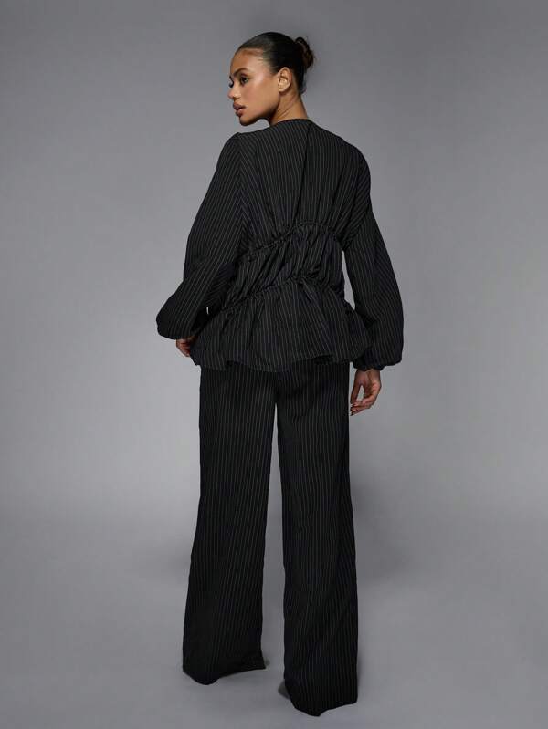 MISSGUIDED Pinstripe Long Sleeve Ruched Blouse Wide Leg Pants Two-Piece Outfits