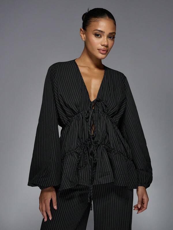 MISSGUIDED Pinstripe Long Sleeve Ruched Blouse Wide Leg Pants Two-Piece Outfits