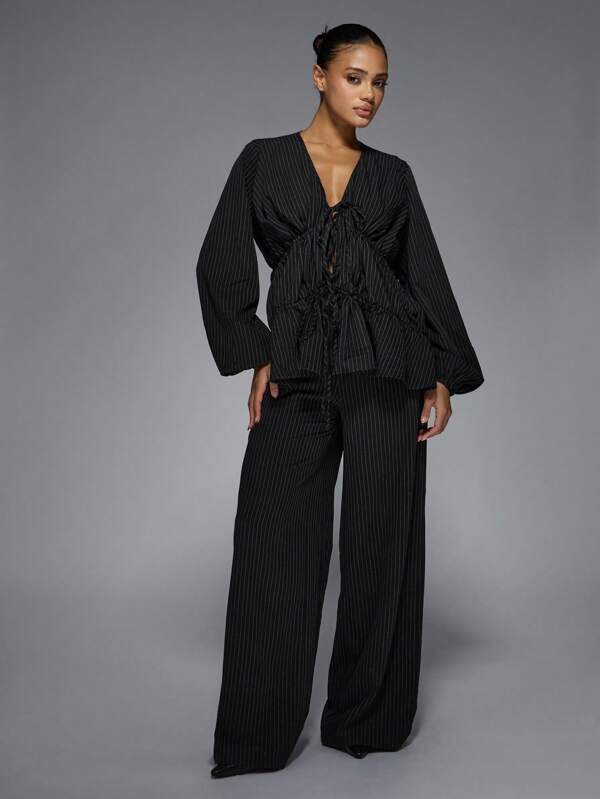 MISSGUIDED Pinstripe Long Sleeve Ruched Blouse Wide Leg Pants Two-Piece Outfits