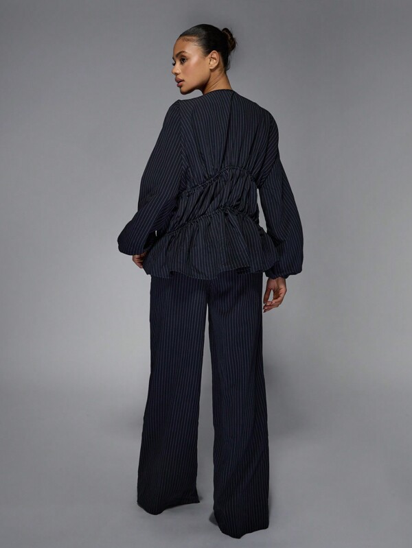 MISSGUIDED Pinstripe Peplum Blouse And Wide Leg Trouser Set