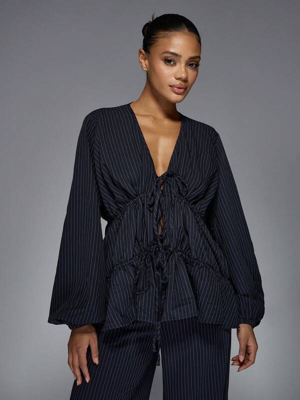 MISSGUIDED Pinstripe Peplum Blouse And Wide Leg Trouser Set