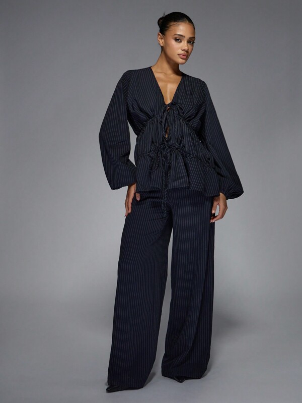 MISSGUIDED Pinstripe Peplum Blouse And Wide Leg Trouser Set