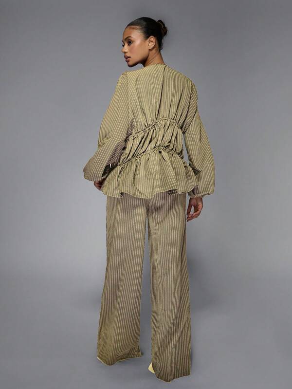 MISSGUIDED Pinstripe Peplum Top And Wide Leg Pants With Ruched Detail