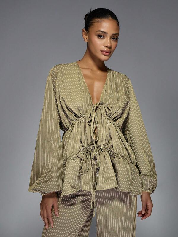 MISSGUIDED Pinstripe Peplum Top And Wide Leg Pants With Ruched Detail