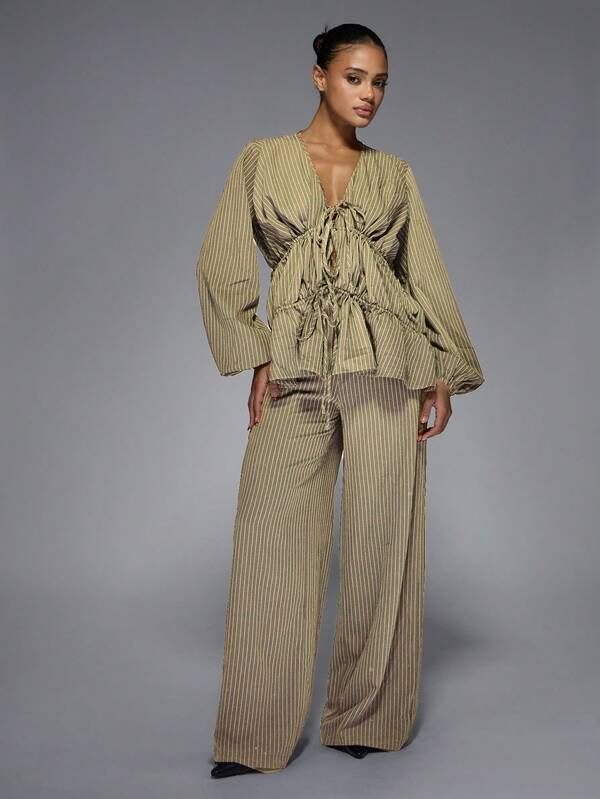 MISSGUIDED Pinstripe Peplum Top And Wide Leg Pants With Ruched Detail