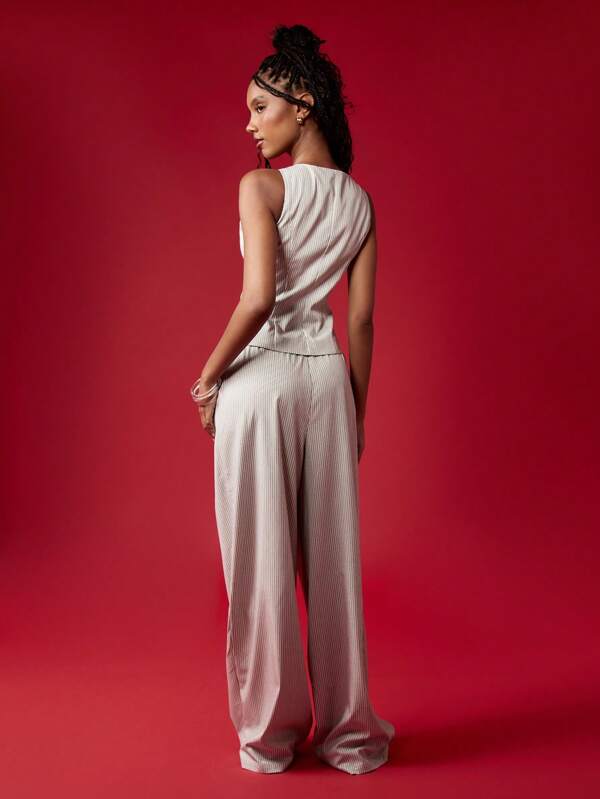 MISSGUIDED Pinstripe Waistcoat Wide Leg Pants Suit Set
