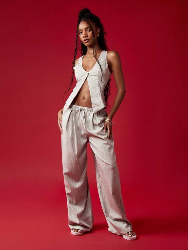 MISSGUIDED Pinstripe Waistcoat Wide Leg Pants Suit Set