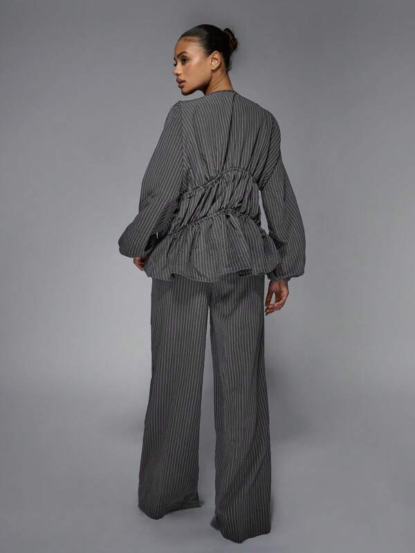 MISSGUIDED Pinstripe Wide Leg Pants Blazer Set