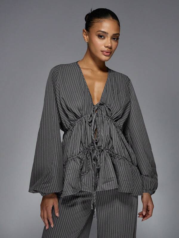 MISSGUIDED Pinstripe Wide Leg Pants Blazer Set