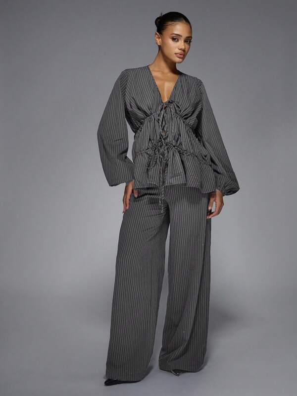 MISSGUIDED Pinstripe Wide Leg Pants Blazer Set
