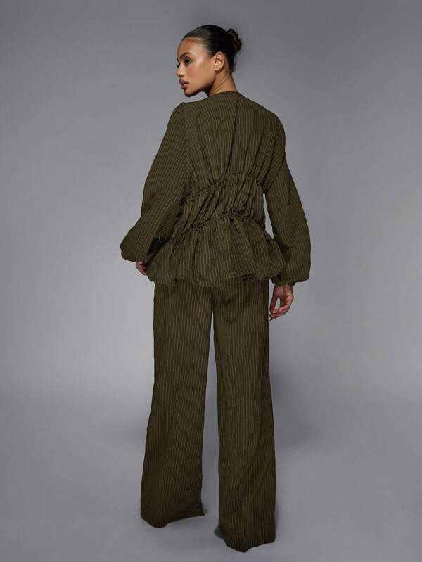MISSGUIDED Pinstripe Wide Leg Ruched Top Two Piece Outfit