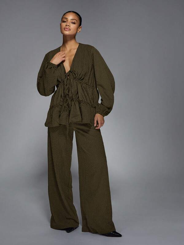 MISSGUIDED Pinstripe Wide Leg Ruched Top Two Piece Outfit