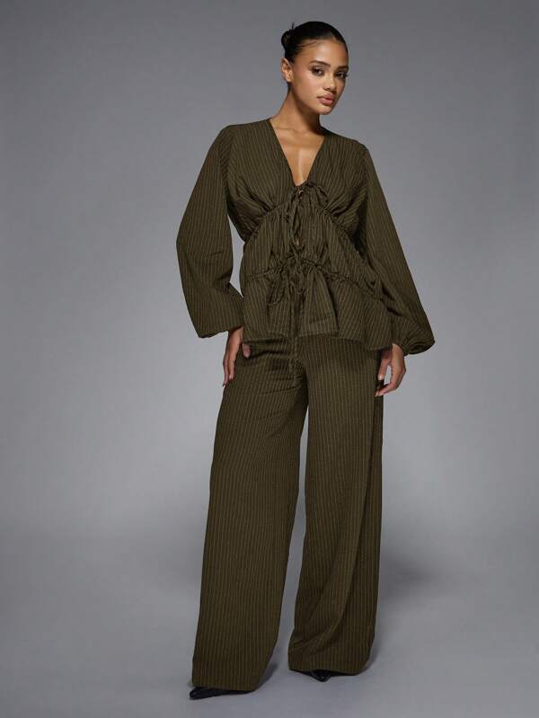 MISSGUIDED Pinstripe Wide Leg Ruched Top Two Piece Outfit
