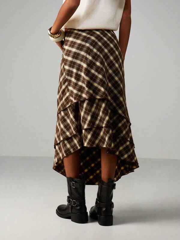 MISSGUIDED Plaid Asymmetric Ruffle Midi Skirt