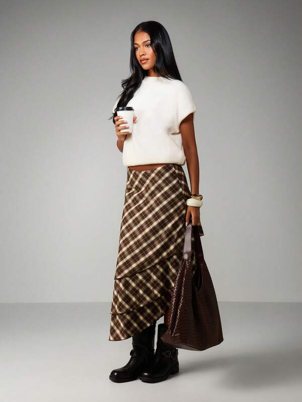 MISSGUIDED Plaid Asymmetric Ruffle Midi Skirt