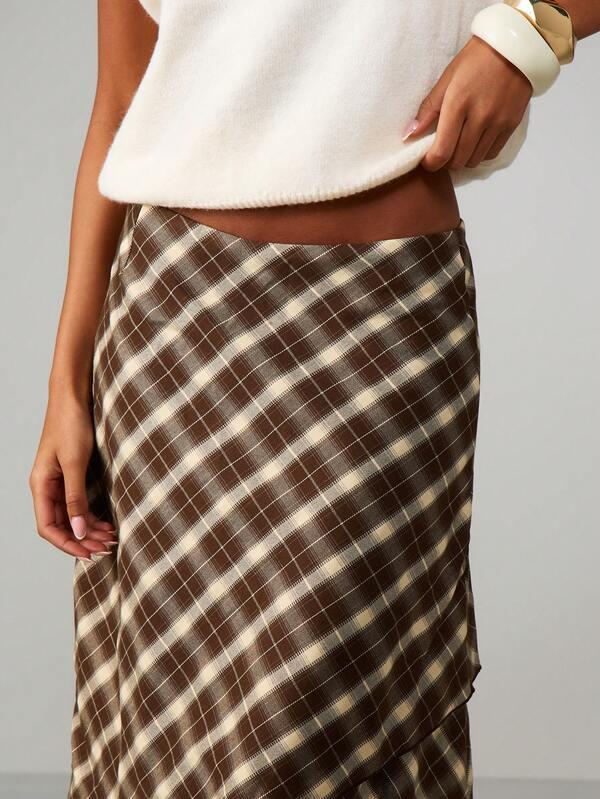 MISSGUIDED Plaid Asymmetric Ruffle Midi Skirt