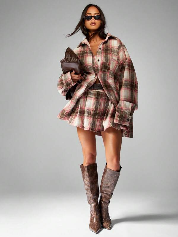 MISSGUIDED Plaid Button Down Shirt With Matching Pleated Skirt