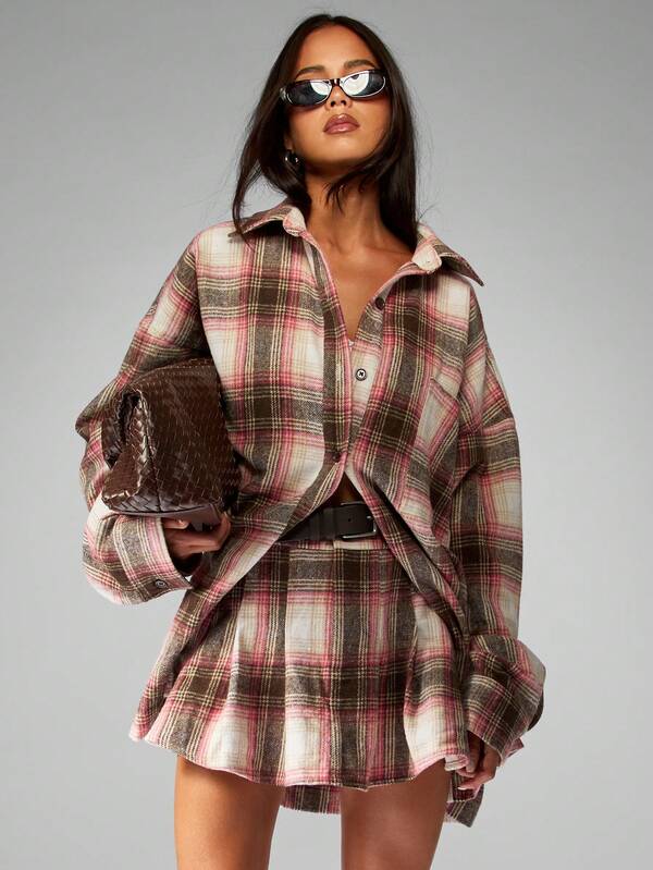 MISSGUIDED Plaid Button Down Shirt With Matching Pleated Skirt