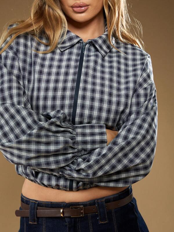 MISSGUIDED Plaid Collared Shirt With Zip Front