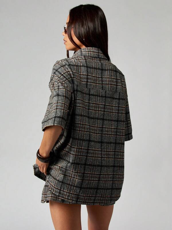 MISSGUIDED Plaid Cropped Collared Shirt With Mini Skirt