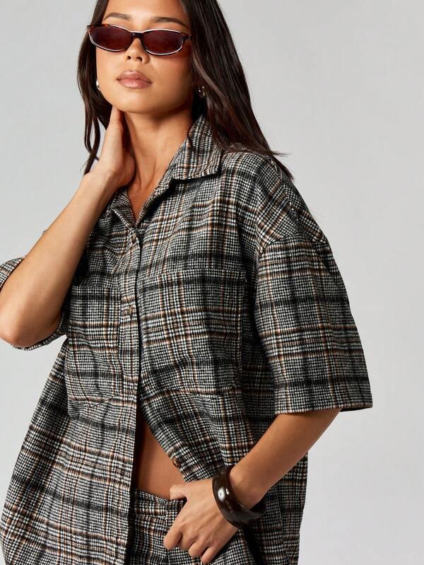 MISSGUIDED Plaid Cropped Collared Shirt With Mini Skirt
