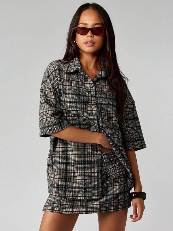 MISSGUIDED Plaid Cropped Collared Shirt With Mini Skirt