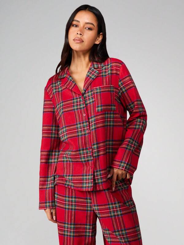 MISSGUIDED Plaid Flannel Button Up Pajama Set