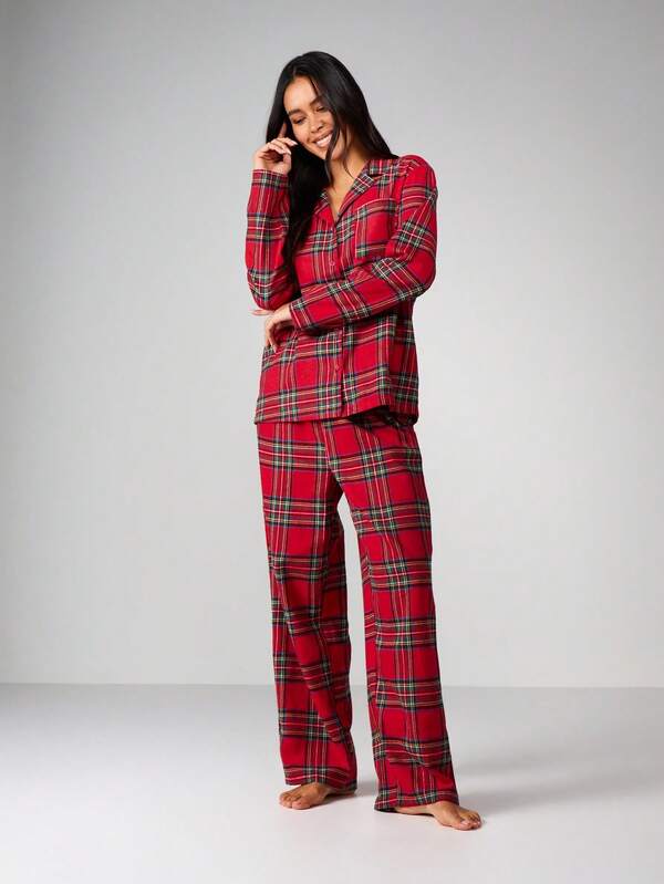 MISSGUIDED Plaid Flannel Button Up Pajama Set