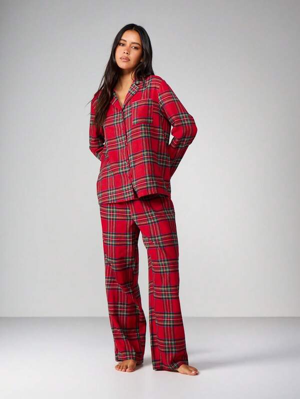 MISSGUIDED Plaid Flannel Button Up Pajama Set