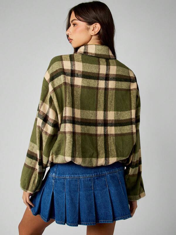 MISSGUIDED Plaid Fleece Bomber Jacket With Zip Front