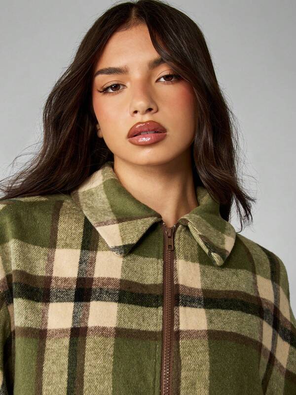 MISSGUIDED Plaid Fleece Bomber Jacket With Zip Front